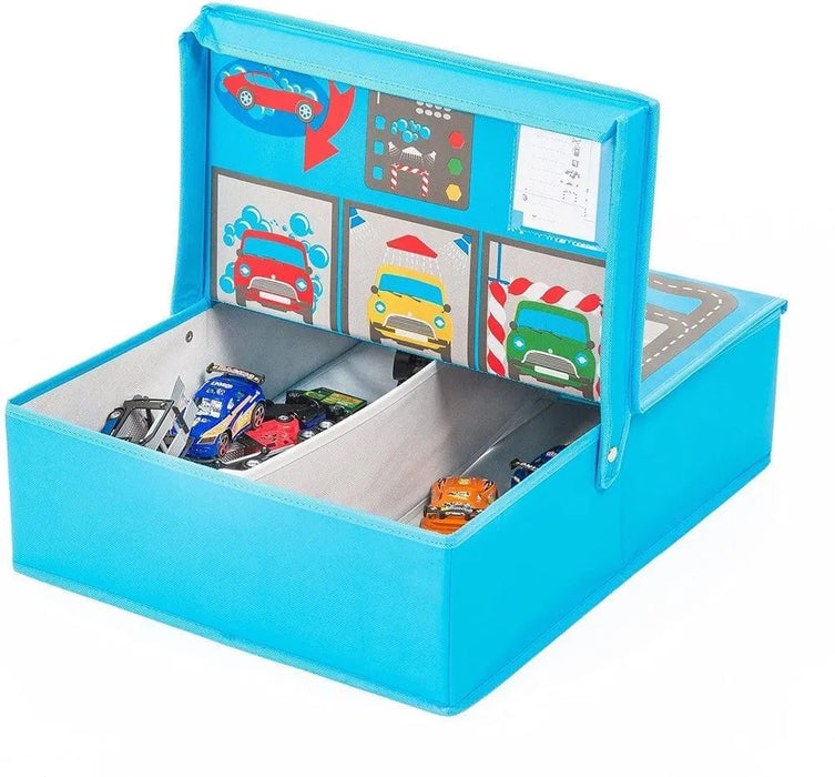 Blue foldable playhouse garage storage box with toy cars and road playmat design