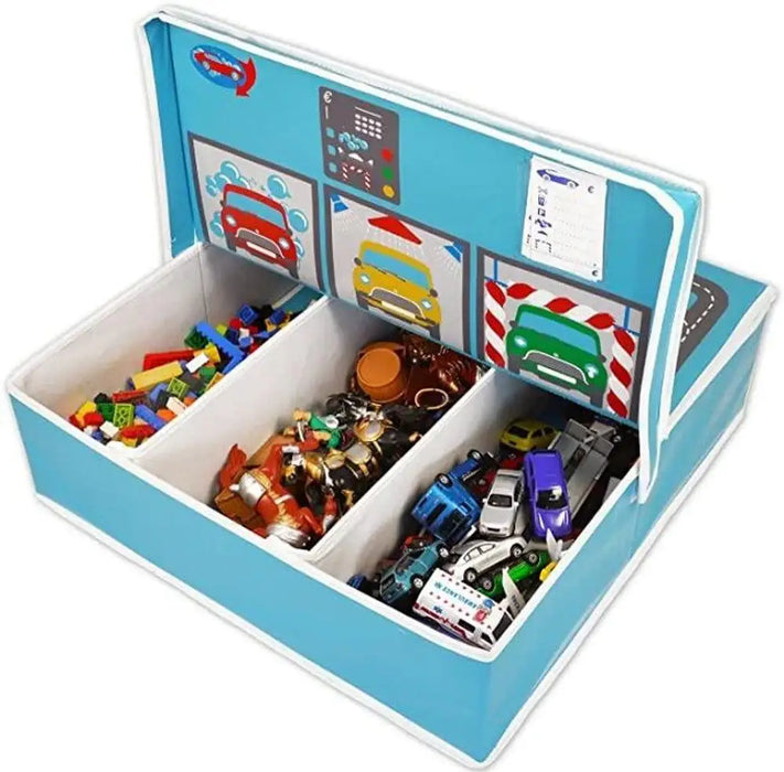 Blue foldable toy storage box with three compartments holding cars, figures, and blocks