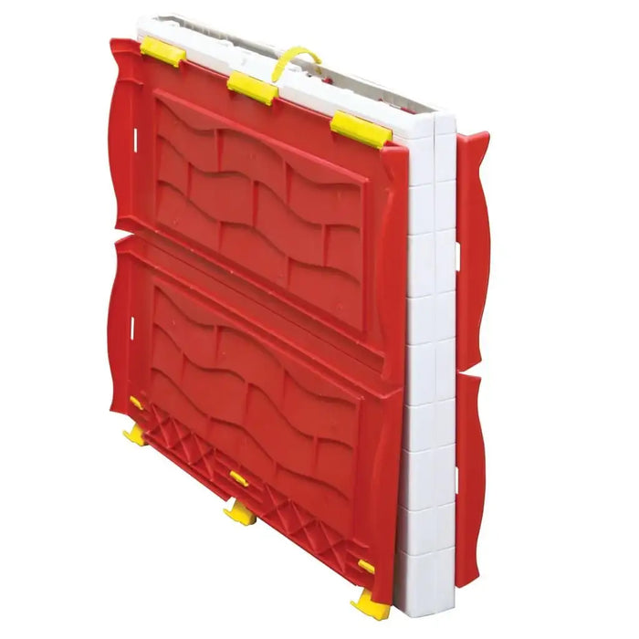Folded red and white portable playhouse for kids with yellow latches and handle
