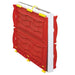 Folded red and white portable playhouse for kids with yellow latches and handle