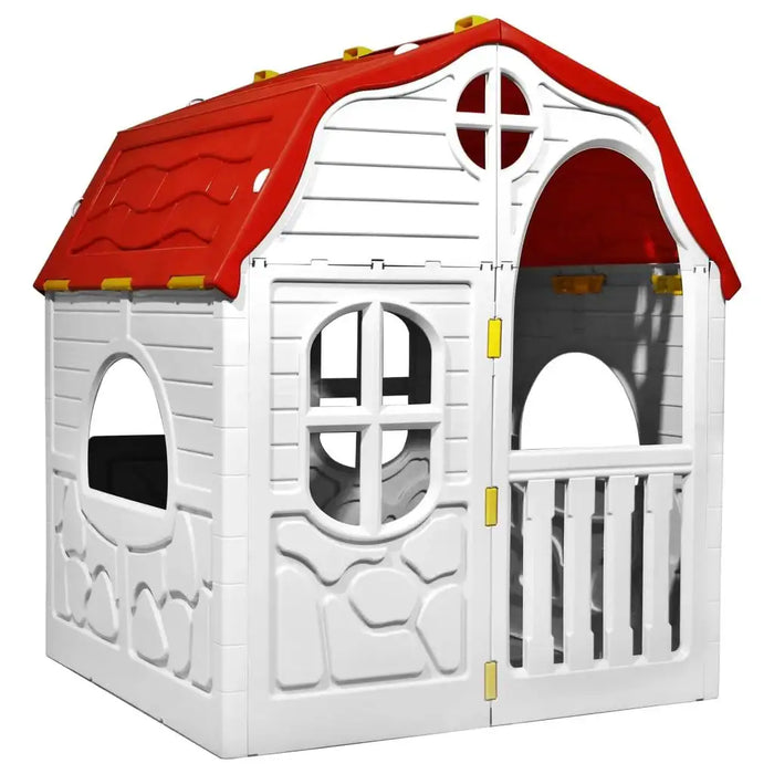 Portable folding playhouse for kids with white walls and red roof, indoor outdoor use