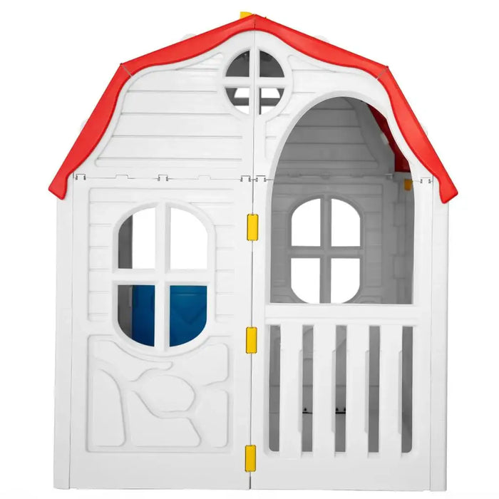 Portable folding playhouse for kids with white walls and red roof, indoor outdoor use