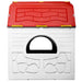 Portable folding kids playhouse with red roof and arched window, white UV-resistant walls