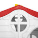 Close-up of white plastic kids’ playhouse with red roof and round window detail.