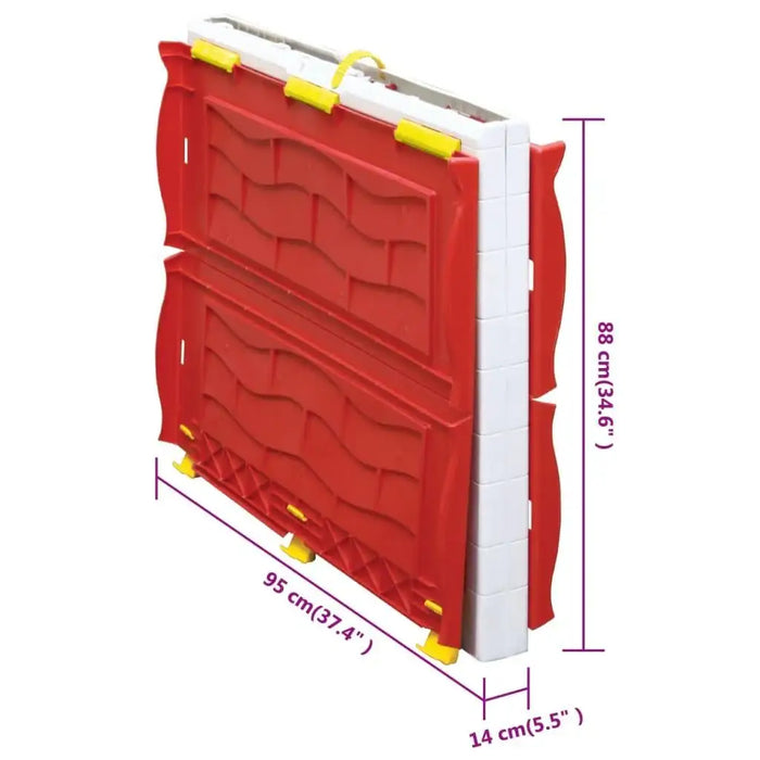Folded red portable playhouse for kids with size measurements in centimeters and inches.