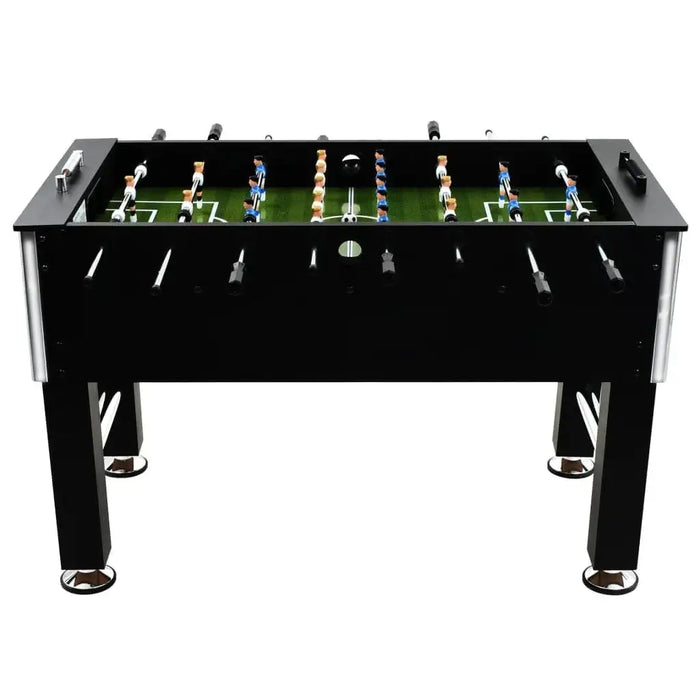Professional black foosball table with adjustable legs and green tournament pitch