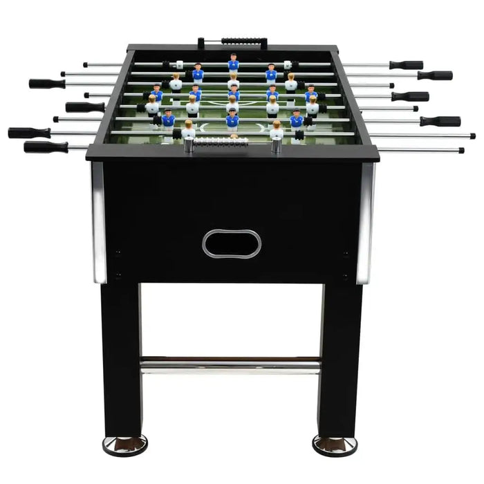 Black professional foosball table with metal rods and adjustable legs on white background