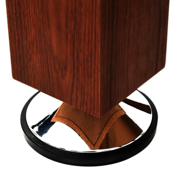 Adjustable height football table leg with brown wood finish and round chrome base