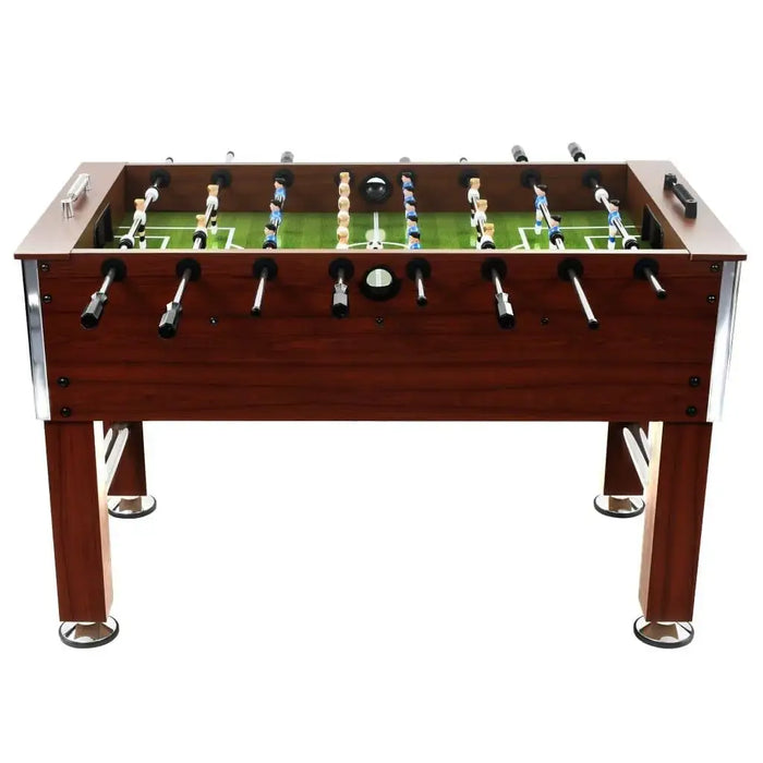 Professional brown foosball table with adjustable legs and standard green pitch
