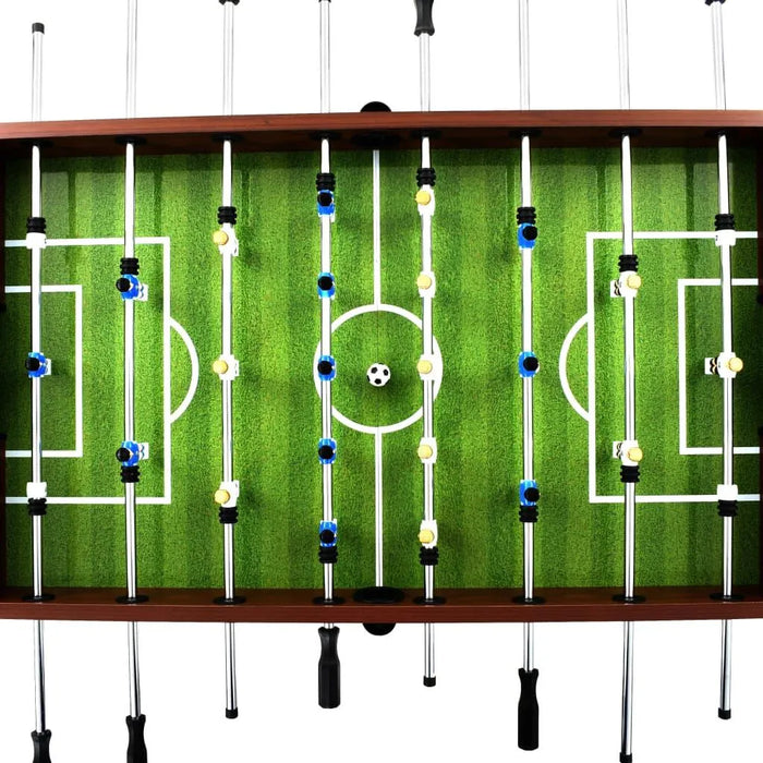 Professional foosball table with green pitch, brown wood finish, and adjustable handles