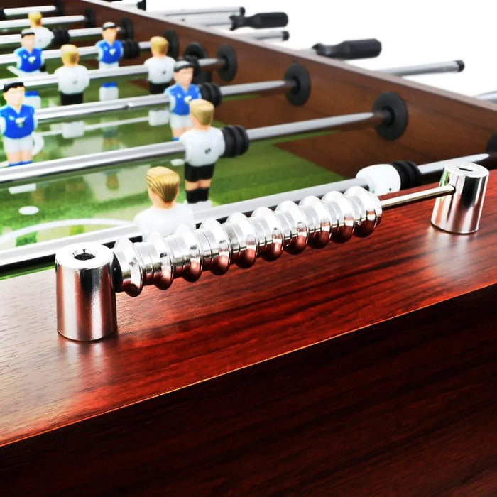 Professional football table with brown wood finish, metal score counter, and player figures