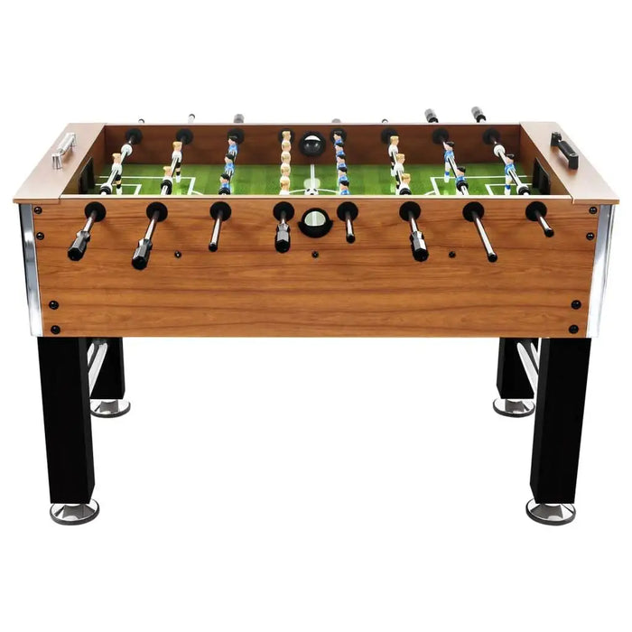 Professional football table with light brown wood finish, black legs, and adjustable height