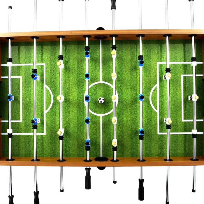 Professional football table with green pitch, yellow and blue players, and light brown frame