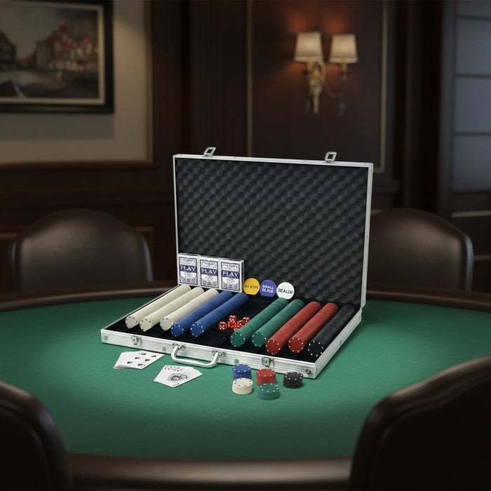 Professional poker set with 1000 chips, cards, dice, and dealer buttons in aluminum case on table