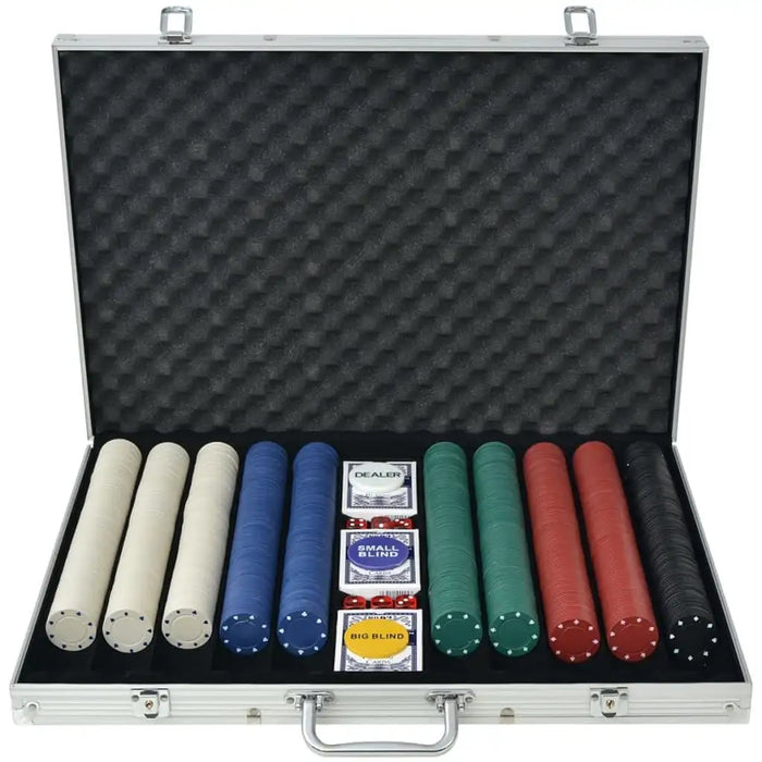 Professional poker set with 1000 chips, 3 card decks, dice, and dealer buttons in aluminum case