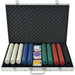 Professional poker set with 1000 chips, 3 card decks, dice, and dealer buttons in aluminum case