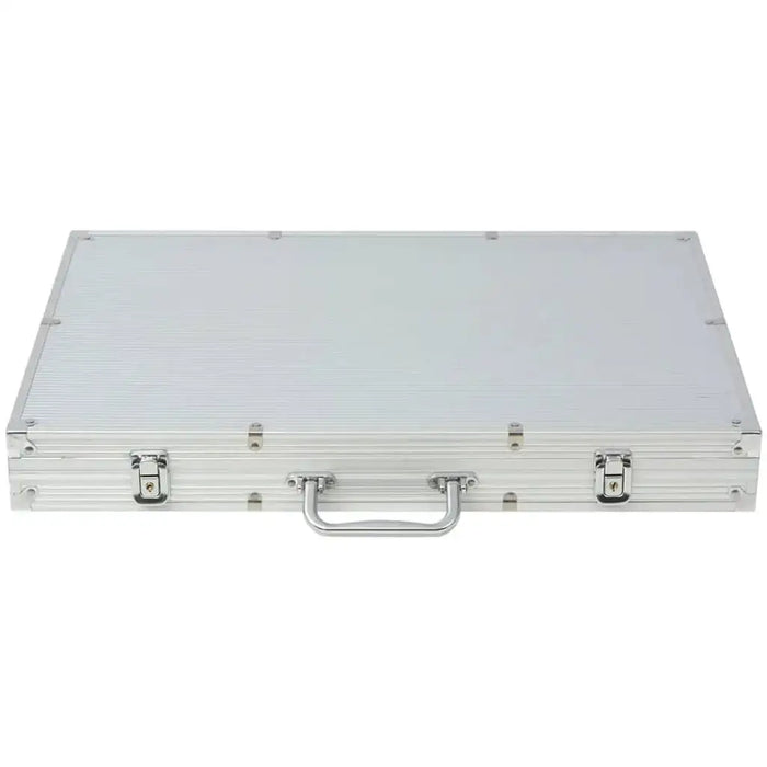 Closed aluminum poker chip case with handle and secure metal latches on a white background