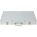 Closed aluminum poker chip case with handle and secure metal latches on a white background