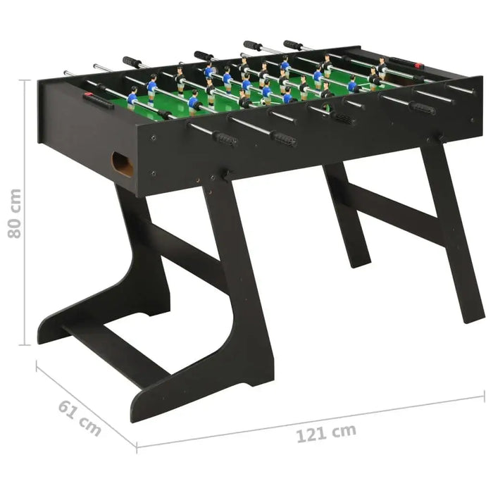 Black professional foosball table with player figures, sturdy legs, and dimensions labeled