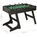 Black professional foosball table with player figures, sturdy legs, and dimensions labeled