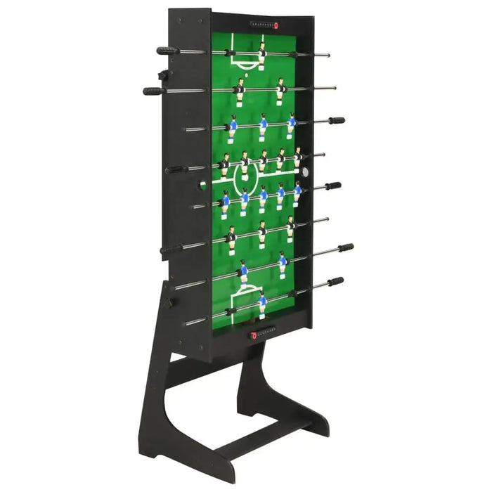 Professional black tournament football table upright with green playfield and player rods