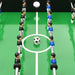 Close-up of professional tournament foosball table with black and blue player figures