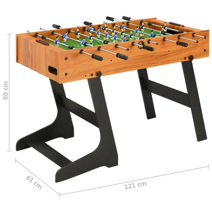 Professional tournament foosball table with wood finish, black legs, and size dimensions