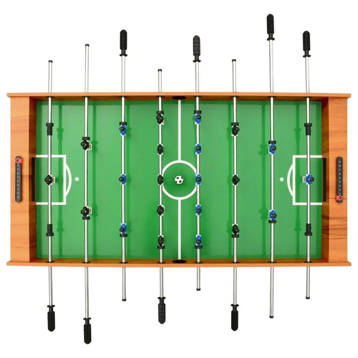 Professional competition-grade foosball table with green playing field and wooden frame
