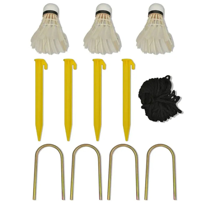 Badminton net set accessories with 3 shuttlecocks, yellow stakes, black rope, and metal pegs