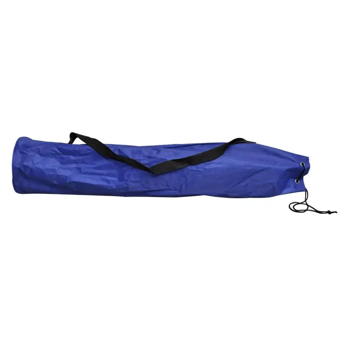 Blue carrying bag with black shoulder strap and drawstring, for badminton net set.