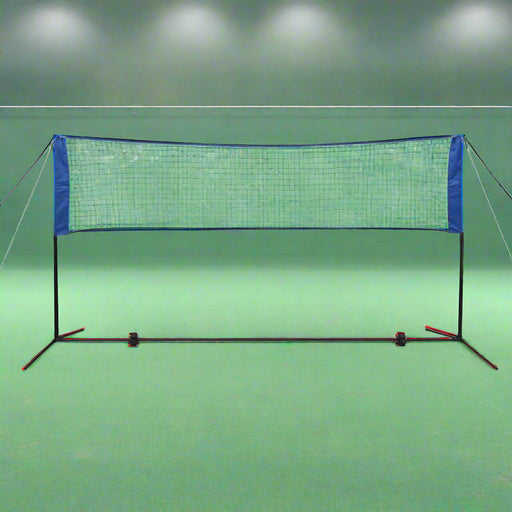 Height adjustable steel frame badminton net set on indoor court