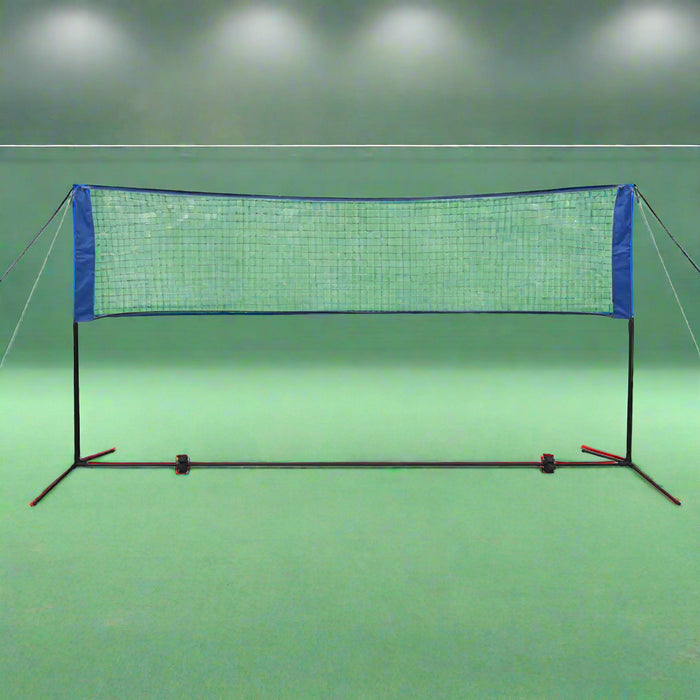 Height adjustable steel frame badminton net set on indoor court