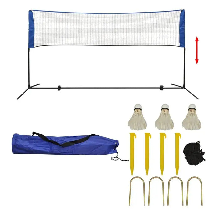Height adjustable steel frame badminton net set with shuttlecocks, stakes, bag, and rope.
