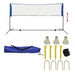 Height adjustable steel frame badminton net set with shuttlecocks, stakes, bag, and rope.