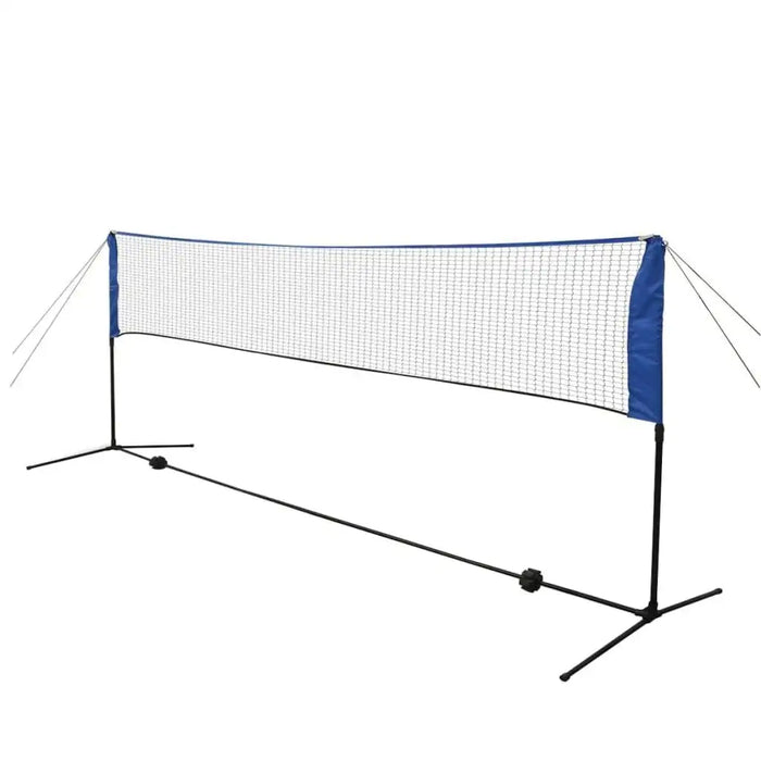 Height adjustable steel frame recreational badminton net with blue ends on white background