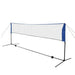 Height adjustable steel frame recreational badminton net with blue ends on white background