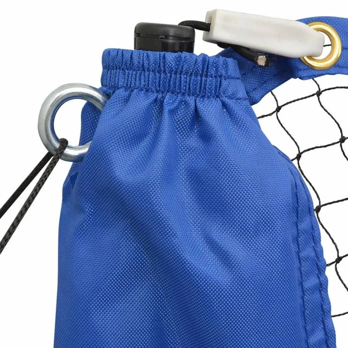 Close-up of blue adjustable badminton net with steel frame and netting details.