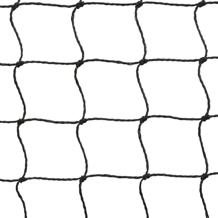 Close-up of black knotted badminton net against a white background