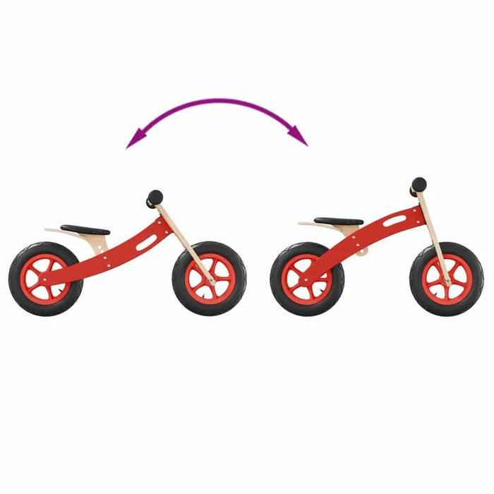 Red balance bike with two adjustable assembly styles and black seat on white background