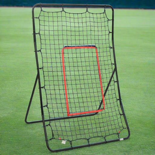 Softball rebounder net with steel frame and red target ribbon on grass field