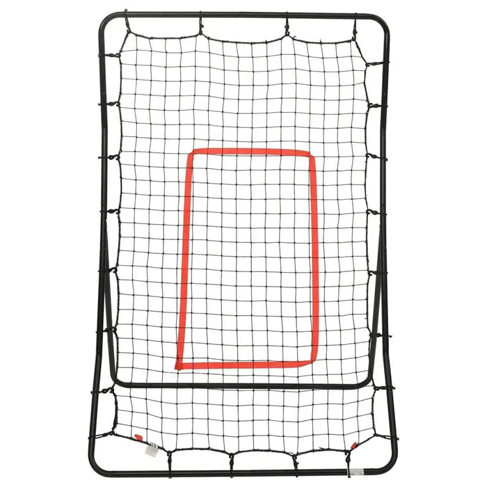 Softball rebounder net with steel frame and red target ribbon on white background