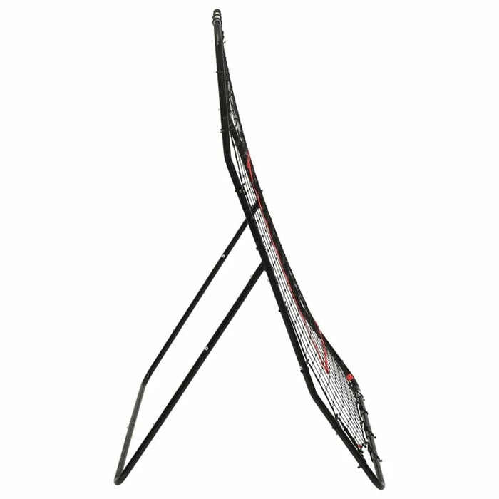 Side view of black steel frame softball rebounder net with red target ribbon