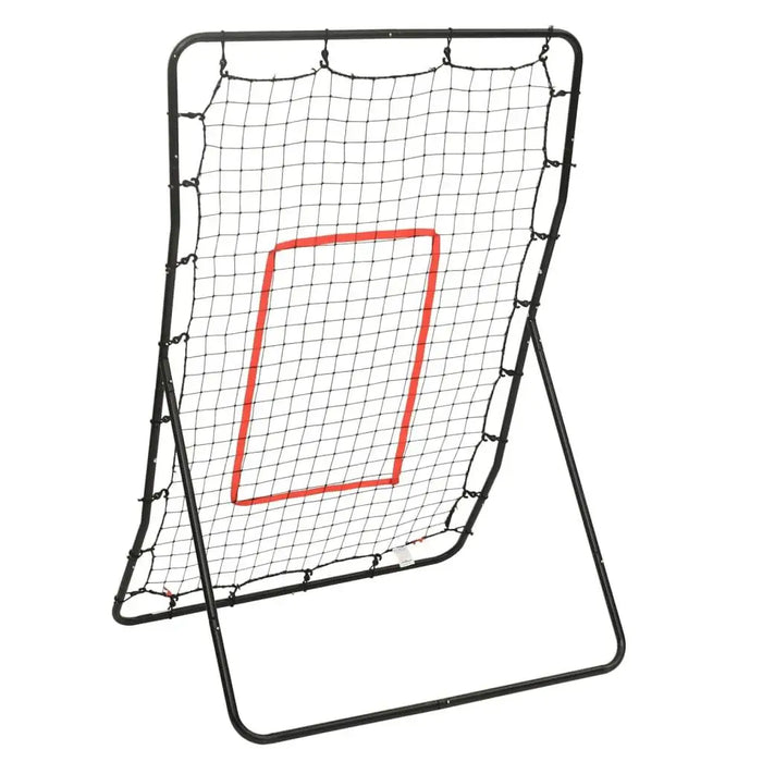 Softball rebounder net with steel frame and red target ribbon on white background