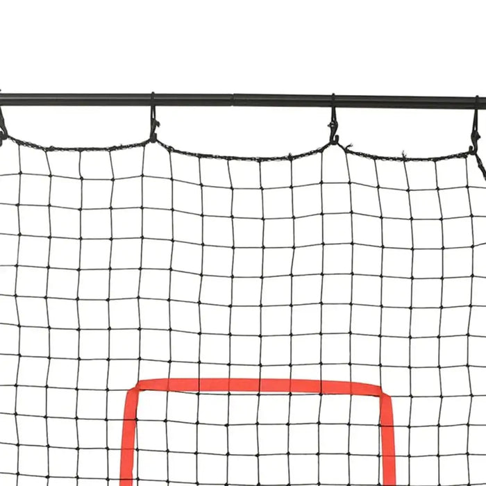 Softball rebounder net with steel frame and red target ribbon on white background