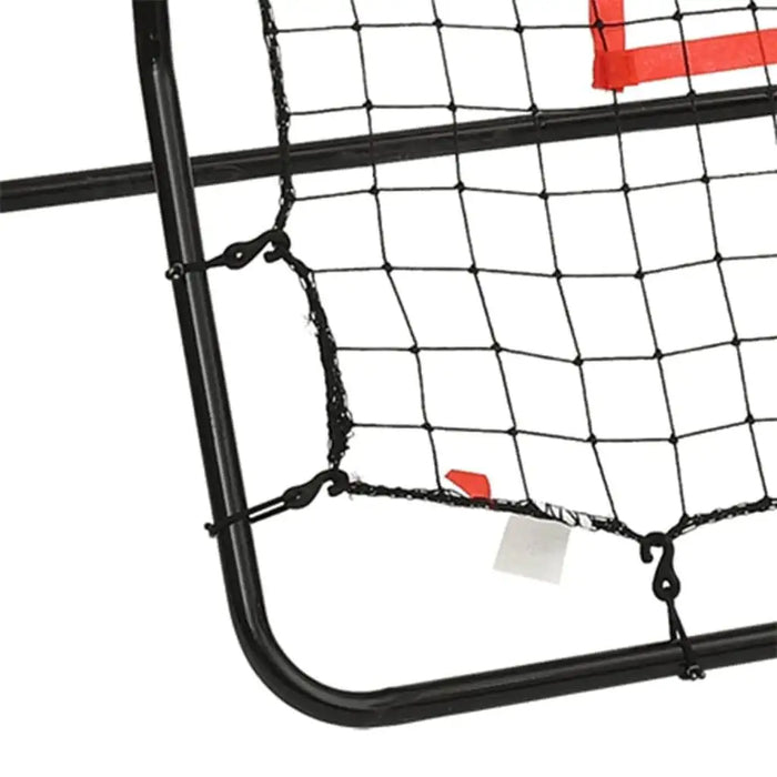 Steel frame softball rebounder net with black mesh and red target ribbon