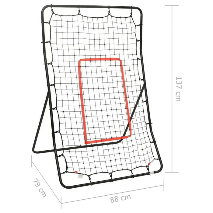 Softball rebounder net with steel frame, target ribbon, and size dimensions in cm