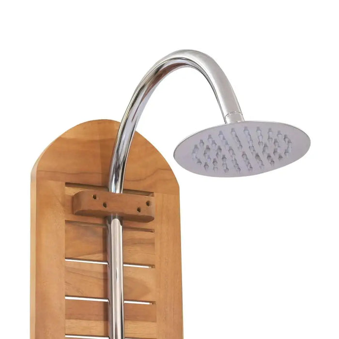 Solid teak outdoor garden shower with stainless steel showerhead and wooden slat panel