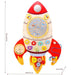 Space-themed rocket-shaped wooden activity board with gears, maze, and colorful shapes