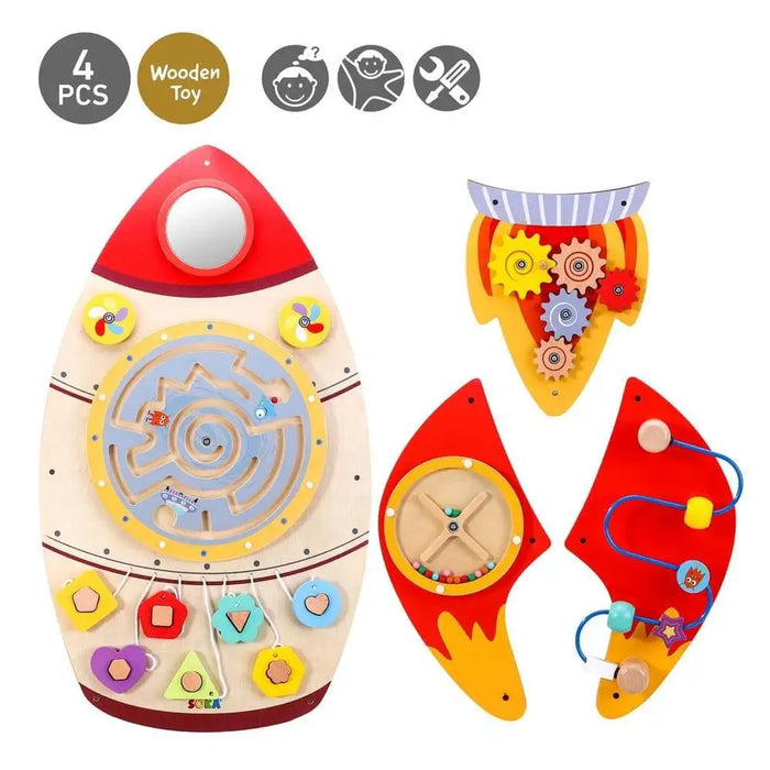 Space-themed wooden activity board, rocket-shaped, colorful learning toy for kids