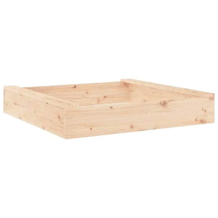 Square wooden sandbox with open bottom and built-in seats, natural pine color